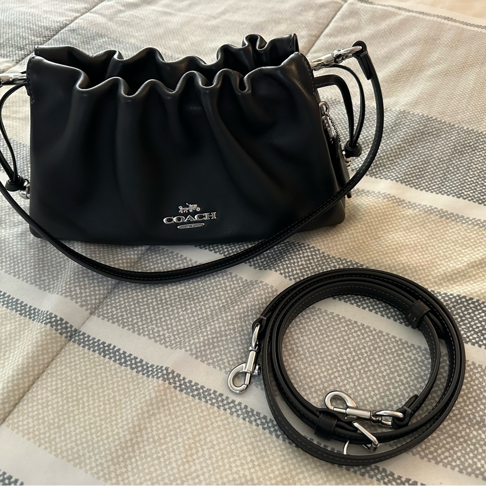 Coach Black Leather Faye  Drawstring Crossbody Bag
